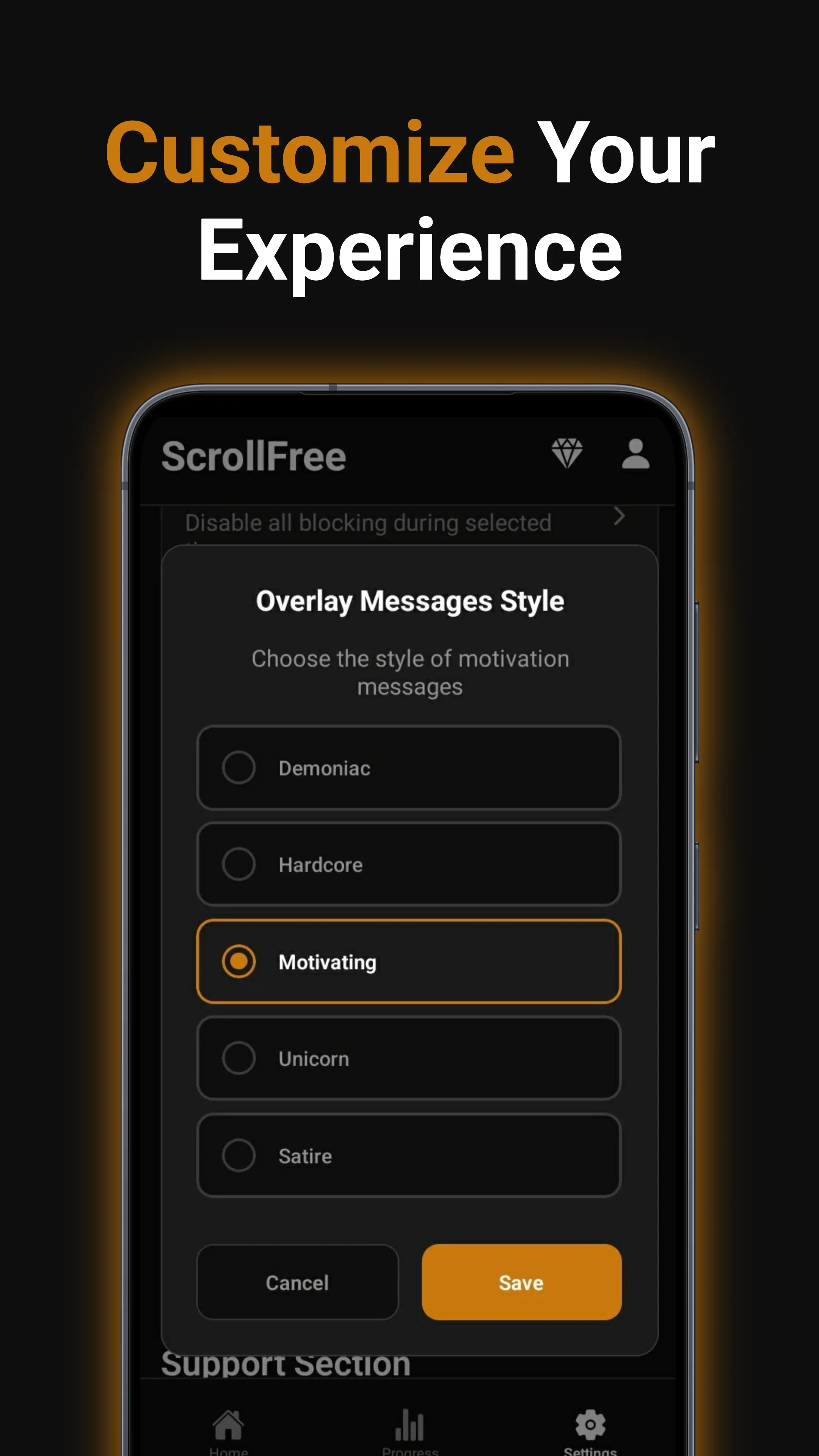 ScrollFree settings screen with custom blocking and unblock-delay options